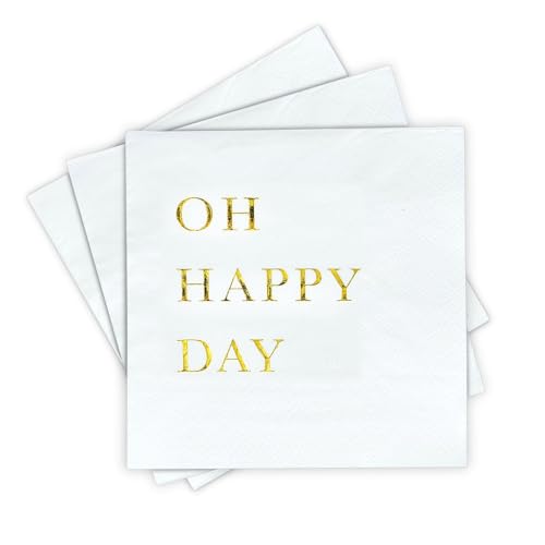 Sunshine Supply Oh Happy Day Cocktail Napkins - Gold Foil 3-Ply Disposable Napkins for Weddings, Engagements, Bridal Showers, Baby Showers, Birthdays, Anniversaries & Happy Celebrations - Image 1