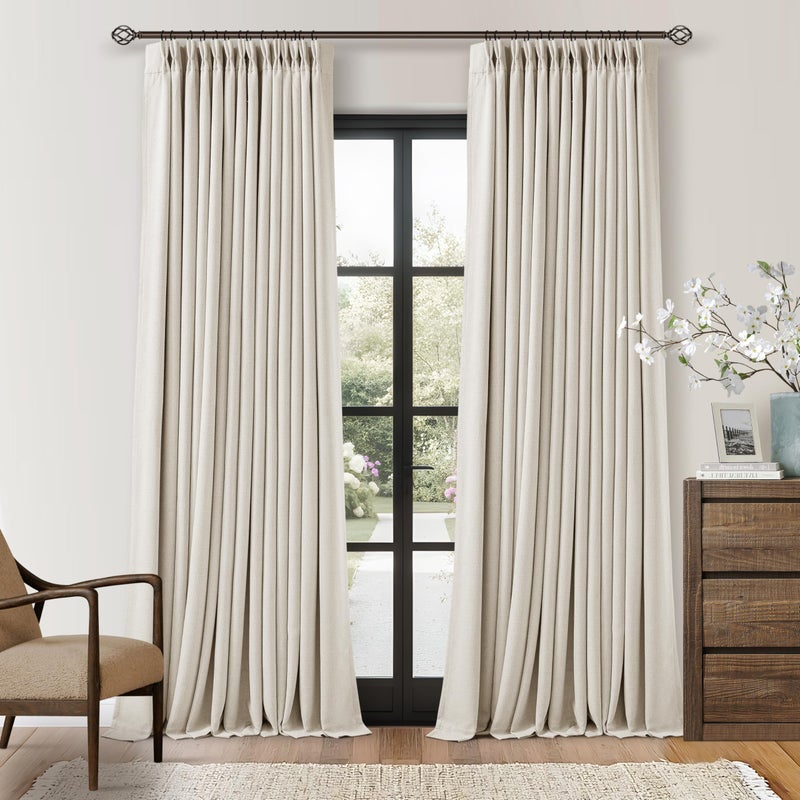 TWODRAPES ستائر معقدة طويلة إضافية 120 بوصة لحجب الضوء لغرفة المعيشة مجموعة من 2 لوحة 100% حجب كامل من الكتان القنب الطبيعي البيج الكريمي الأبيض ستائر مطوية لتعتيم الغرفة فاخرة للنوافذ ذات السقف العالي - Image 1