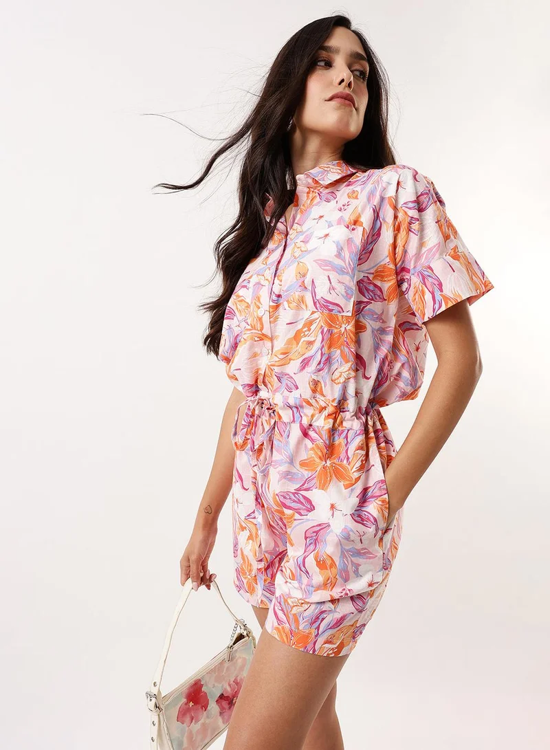 Women's Multicolour 100% Cotton Printed Cropped Casual Regular Fit Co-Ords