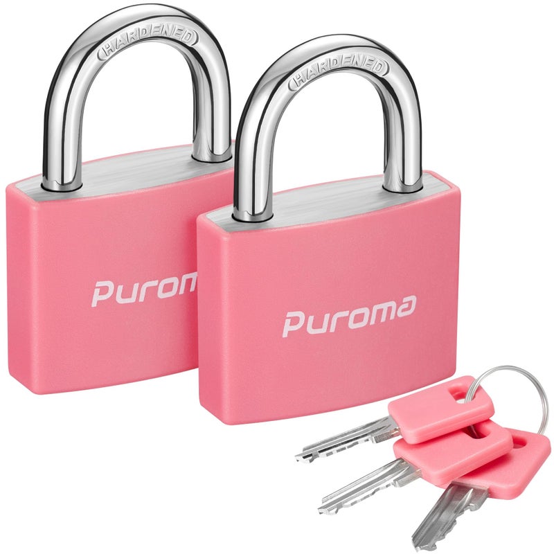 Puroma Lock Keyed Padlock, 2 Pack Aluminum Locks with 3 Keys Alike, 7/8 Inch Locker Lock 43mm Small Padlocks for Gate, Fence, Shed, Toolbox, School Gym Locker (Pink) - Image 1