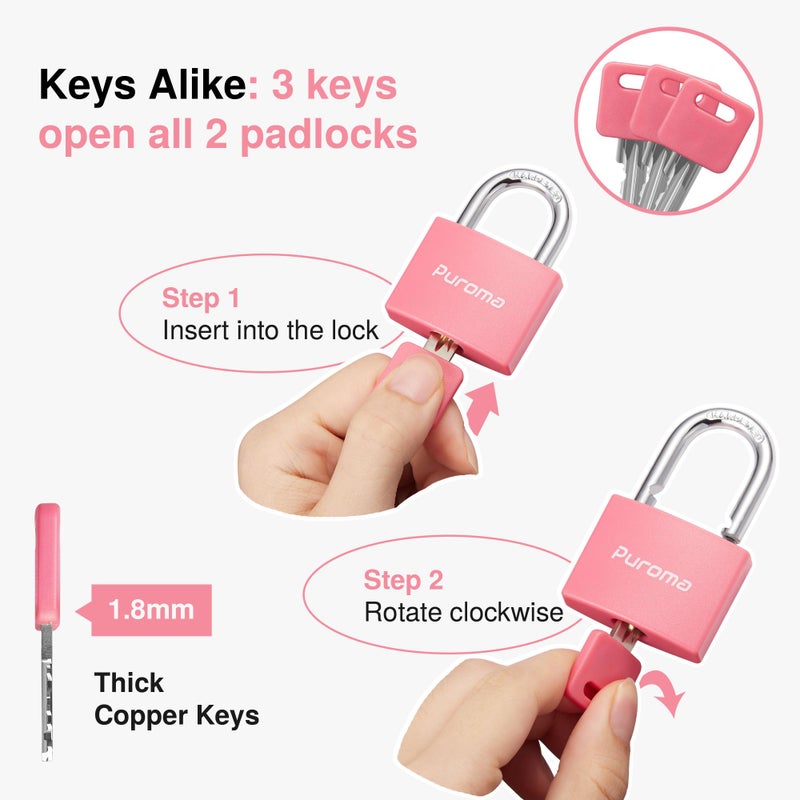 Puroma Lock Keyed Padlock, 2 Pack Aluminum Locks with 3 Keys Alike, 7/8 Inch Locker Lock 43mm Small Padlocks for Gate, Fence, Shed, Toolbox, School Gym Locker (Pink) - Image 2