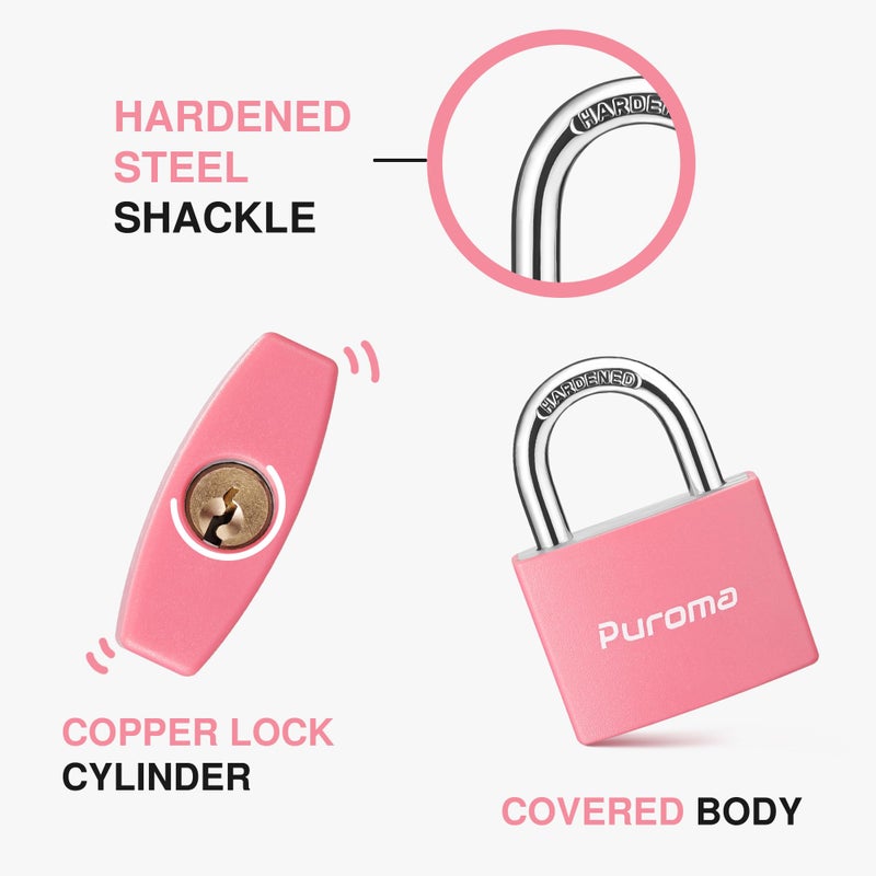 Puroma Lock Keyed Padlock, 2 Pack Aluminum Locks with 3 Keys Alike, 7/8 Inch Locker Lock 43mm Small Padlocks for Gate, Fence, Shed, Toolbox, School Gym Locker (Pink) - Image 3