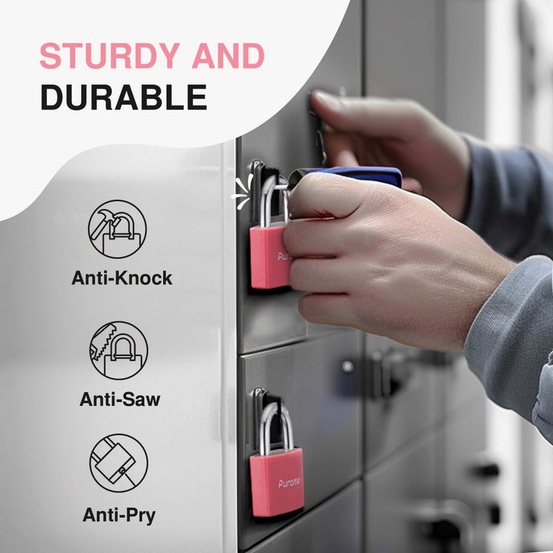 Puroma Lock Keyed Padlock, 2 Pack Aluminum Locks with 3 Keys Alike, 7/8 Inch Locker Lock 43mm Small Padlocks for Gate, Fence, Shed, Toolbox, School Gym Locker (Pink) - Image 4