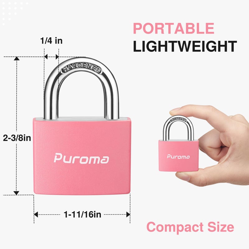 Puroma Lock Keyed Padlock, 2 Pack Aluminum Locks with 3 Keys Alike, 7/8 Inch Locker Lock 43mm Small Padlocks for Gate, Fence, Shed, Toolbox, School Gym Locker (Pink) - Image 5