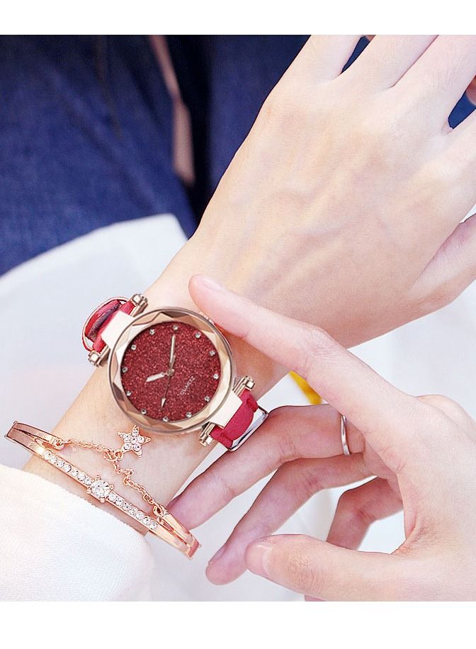 Women's rhinestones watch frosted leather strap casual trend watch bracelet two piece set - Image 3