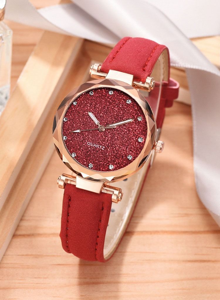 Women's rhinestones watch frosted leather strap casual trend watch bracelet two piece set - Image 2