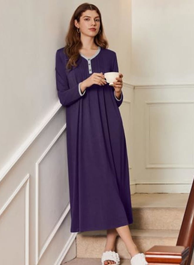 Ekouaer Women's Long Sleeve Nightgown Long Sleepshirts Henley Sleep Dress Full Length Sleepwear S-4XL, purple, Dark Purple, L - Image 3