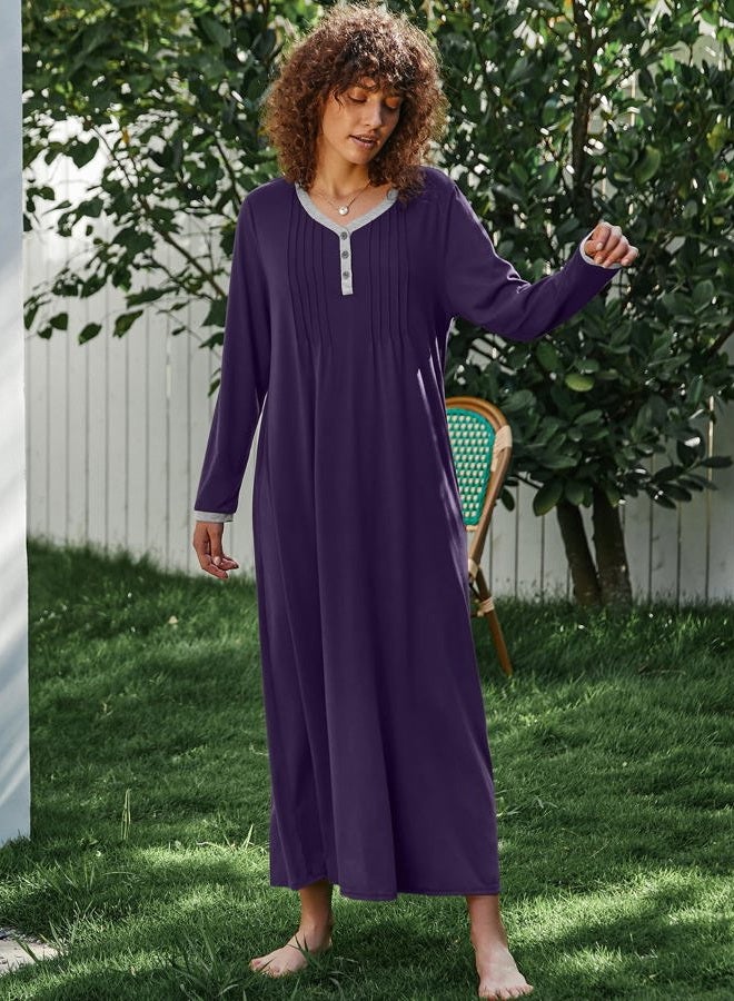 Ekouaer Women's Long Sleeve Nightgown Long Sleepshirts Henley Sleep Dress Full Length Sleepwear S-4XL, purple, Dark Purple, L - Image 5