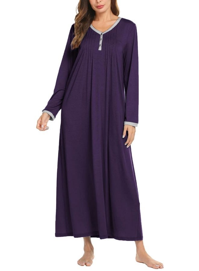Ekouaer Women's Long Sleeve Nightgown Long Sleepshirts Henley Sleep Dress Full Length Sleepwear S-4XL, purple, Dark Purple, L - Image 1