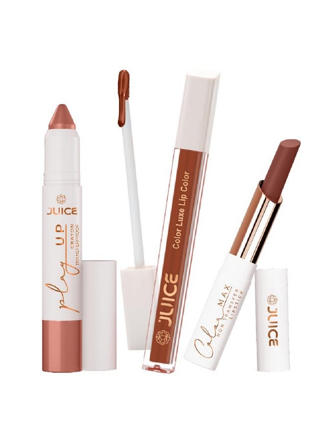 Juice Long Lasting, 3pc Lipstick Combo Set For Women(Keep It Profesh-MCR02 Lip Crayon, Mocha Lust-M02 Liquid Lipstick, Cocoa Kiss-M02 Slim Stick) - Image 1