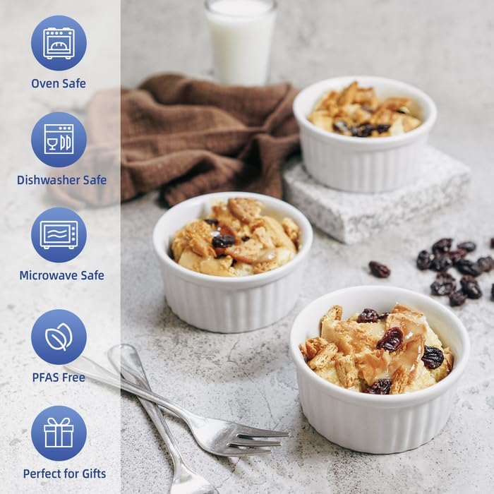 Nuwave Ceramic Ramekins 6oz Set of 6, Classic Elegant Style Ramekins for Baking Souffles, Creme Brulées, Custards, Puddings, Oven, Microwave & Dishwasher-Safe, Ivory White - Image 2