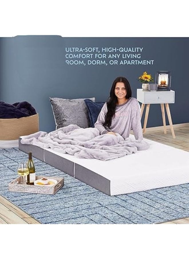 Harmony Home - Harmony Home 4-Inch Tri-Folding Mattress - Double Size with Storage Bag, Foldable Memory Foam Topper, Portable Floor Guest Bed with Removable Bamboo Cover (Double - 120 x 180 cm) - Image 1