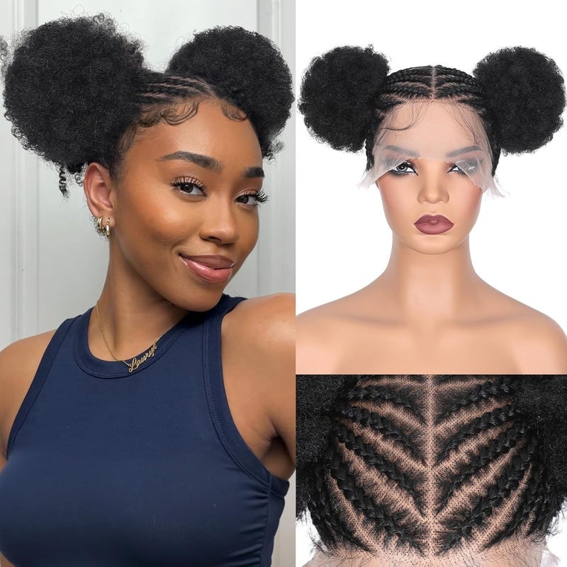 Lady Miranda Lady Miranda Full Lace Braided Wig with Afro Puff Wigs for Black Women Short Braided Wig with Baby Hair Cornrow Braided Lace Front Wigs Synthetic Fully Handmade Braided Wigs