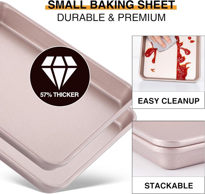 HONGBAKE Toaster Oven Pan Nonstick Set of 2, Premium 1/8 Sheet Pan for Baking, Small Cookie Sheet Tray, Dishwasher Safe and Heavy Duty - Rose Gold - Image 4