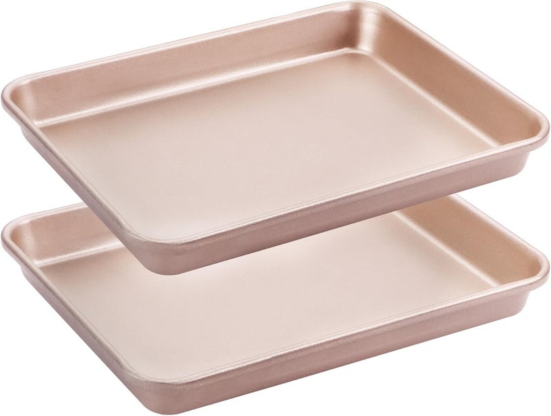 HONGBAKE Toaster Oven Pan Nonstick Set of 2, Premium 1/8 Sheet Pan for Baking, Small Cookie Sheet Tray, Dishwasher Safe and Heavy Duty - Rose Gold - Image 1
