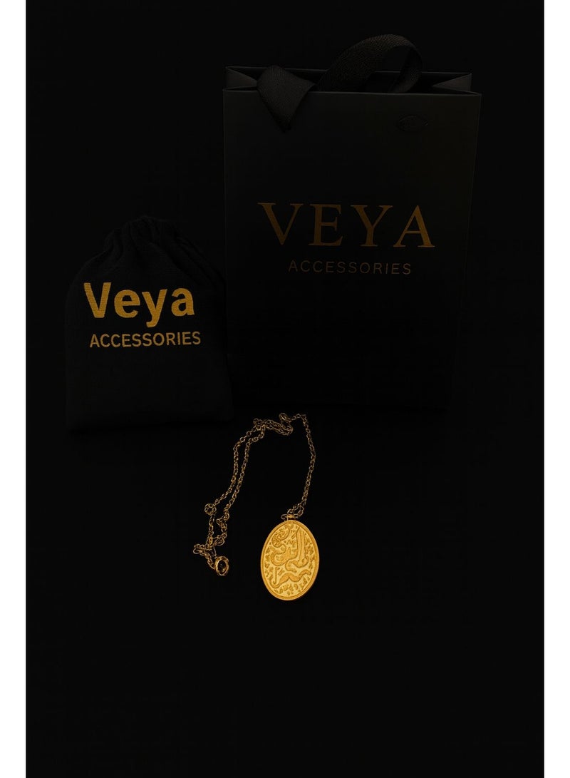 veya A luxurious oval pendant from VEYA, made of stainless steel and gold plated, featuring an elegant Arabic pattern for coordinated Arabic stitching, presented inside a luxury package with a storage bag for wiping. - Image 4