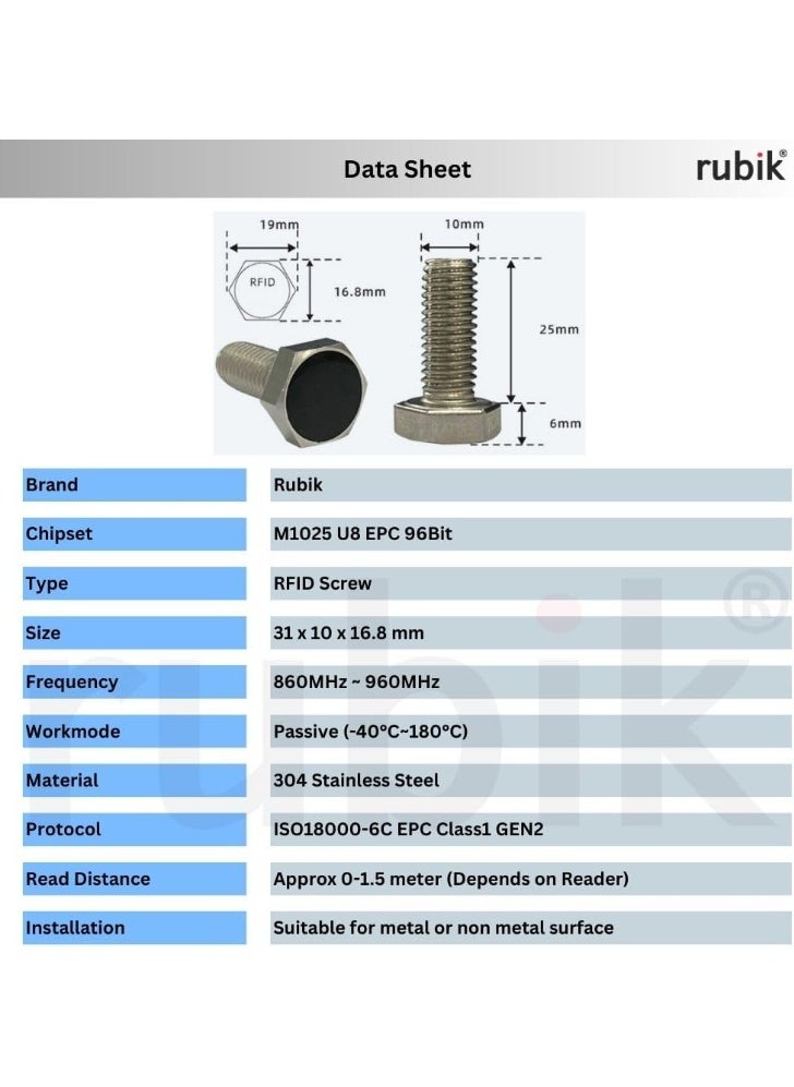 Rubik 10mm RFID UHF Screw Tag U8 (860Mhz-960Mhz), 304 Stainless Steel High Temprature Resistance Long Range Electronic RFID Bolt EPCglobal Class 1 Gen 2 ISO18000-6C Protocol (RB-M1025, 2Pcs)  - Image 2