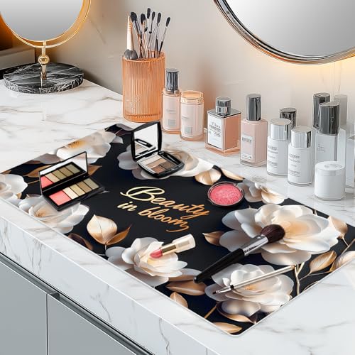 Aphlos Dual-Sided Synthetic Leather Decorative Makeup Mat for Crafting, Furniture Protection, Scratch & Stain Resistant Surface Desk Pad, Waterproof Easy to Clean Vanity Protector (White Camellia) - Image 1