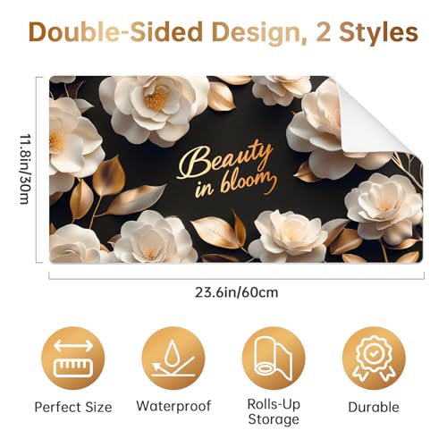 Aphlos Dual-Sided Synthetic Leather Decorative Makeup Mat for Crafting, Furniture Protection, Scratch & Stain Resistant Surface Desk Pad, Waterproof Easy to Clean Vanity Protector (White Camellia) - Image 4