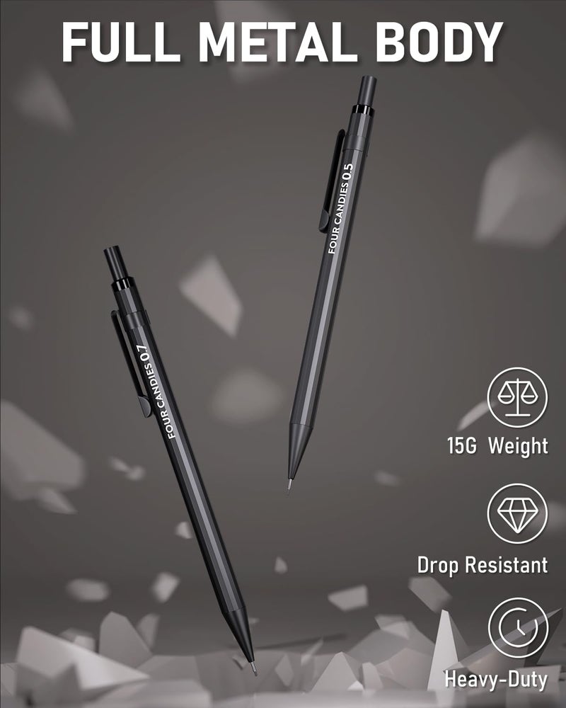 Four Candies Metal Mechanical Pencils 0.5 & 0.7 mm, 2PCS Mechanical Pencils with Dual Spring, 8 Tubes Lead Refills, 2PCS 4B Erasers and 18PCS Eraser Refills, Mechanical Pencil Set for Writing Drawing - Image 5