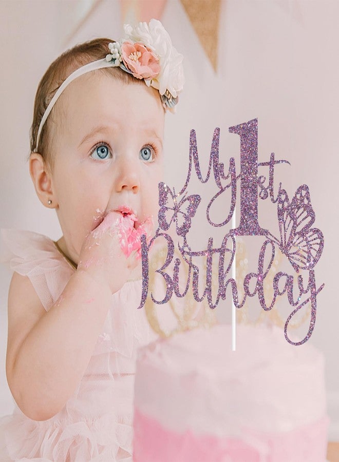 ZACHAKO Purple Glitter My 1st Birthday Cake Topper, Cheers to 1 Year/Our Little Butterfly is One, Butterfly Themed Baby's 1st Birthday Party Decorations Supplies - Image 4