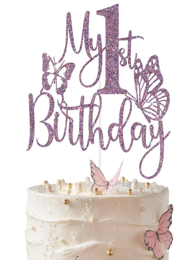 ZACHAKO Purple Glitter My 1st Birthday Cake Topper, Cheers to 1 Year/Our Little Butterfly is One, Butterfly Themed Baby's 1st Birthday Party Decorations Supplies - Image 1