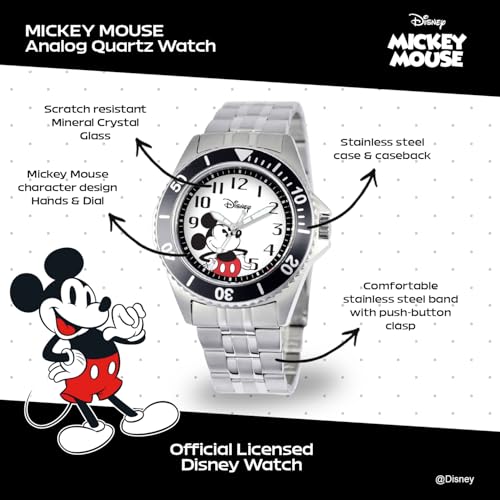 Disney Men's Mickey Mouse Watch – Official Mickey Mouse Watch for Men – Vintage-Inspired Timepiece – Stylish & Durable Watches – Classic Watches with Black Dial, Stainless Steel Strap - Image 2