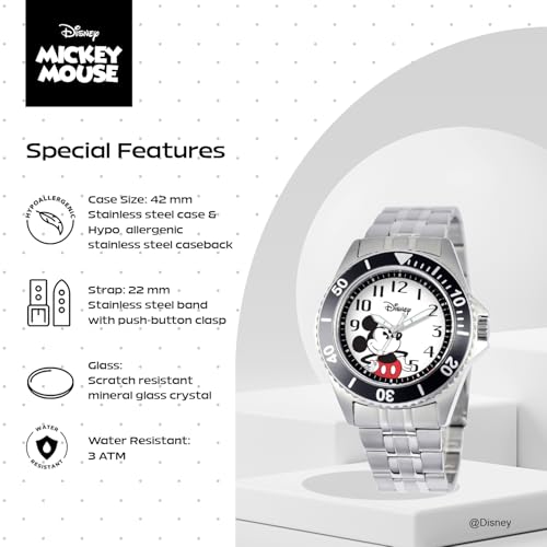 Disney Men's Mickey Mouse Watch – Official Mickey Mouse Watch for Men – Vintage-Inspired Timepiece – Stylish & Durable Watches – Classic Watches with Black Dial, Stainless Steel Strap - Image 4