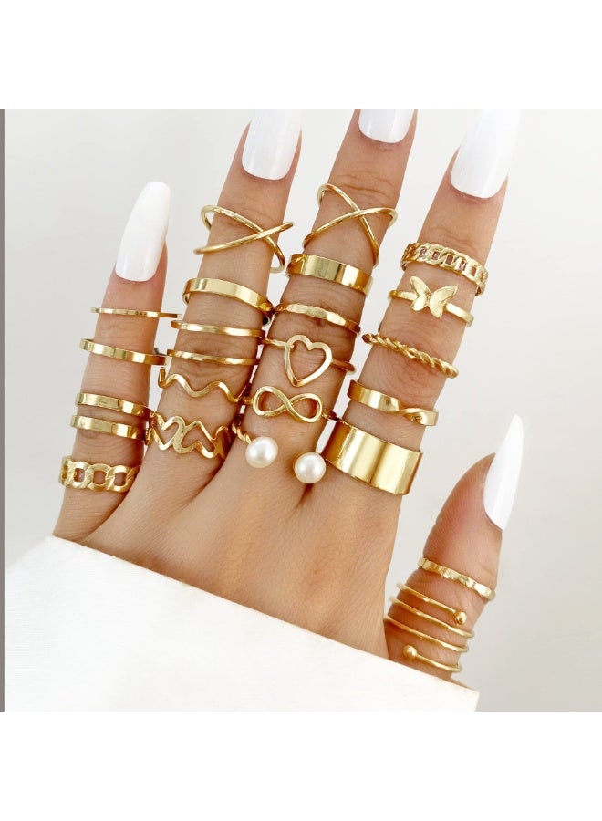 Dark Horse 23-Piece Gold Stacking Ring Set, Vintage Knuckle Stackable Rings With Moon, Star, Snake, Butterfly, Heart, Flower, And Leaf Top Rings. - Image 2
