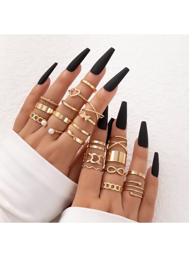 Dark Horse 23-Piece Gold Stacking Ring Set, Vintage Knuckle Stackable Rings With Moon, Star, Snake, Butterfly, Heart, Flower, And Leaf Top Rings. - Image 1
