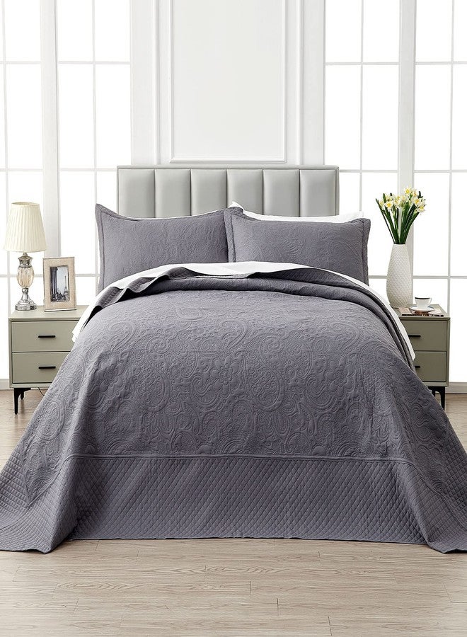 Qucover California King Bedspreads 128x120, Soft Microfiber Ultrasonic Lightweight Dark Grey Oversized King Quilt, 3 Piece Reversible Paisley Pattern Cal King Quilt Set, Grey - Image 2