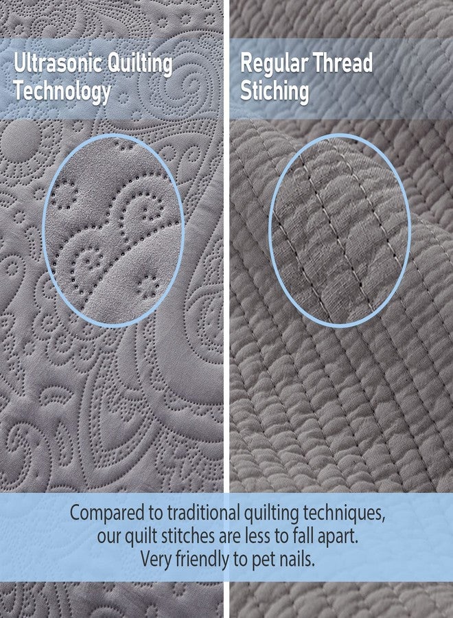 Qucover California King Bedspreads 128x120, Soft Microfiber Ultrasonic Lightweight Dark Grey Oversized King Quilt, 3 Piece Reversible Paisley Pattern Cal King Quilt Set, Grey - Image 5