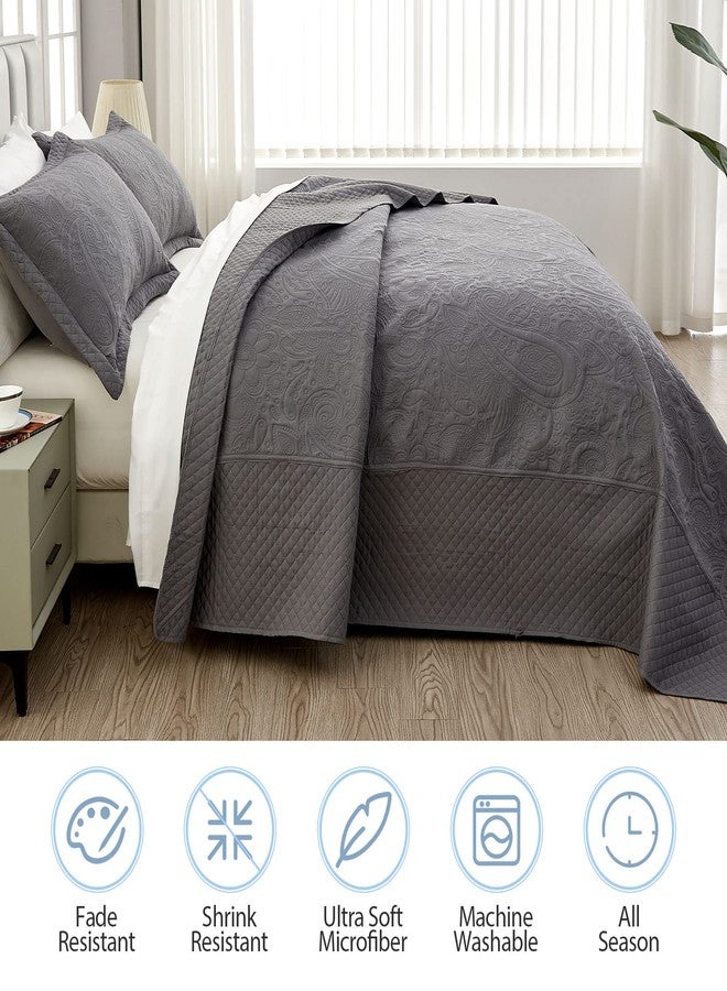Qucover California King Bedspreads 128x120, Soft Microfiber Ultrasonic Lightweight Dark Grey Oversized King Quilt, 3 Piece Reversible Paisley Pattern Cal King Quilt Set, Grey - Image 3