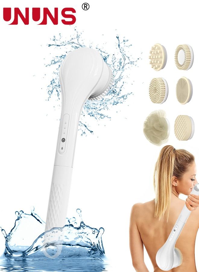 UNUNS مجموعة فرش استحمام كهربائية، فرشاة استحمام قابلة لإعادة الشحن للجسم بمقبض طويل، مجموعة فرش تنظيف الحمام مع 6 رؤوس فرشاة دوارة، أبيض - Image 1