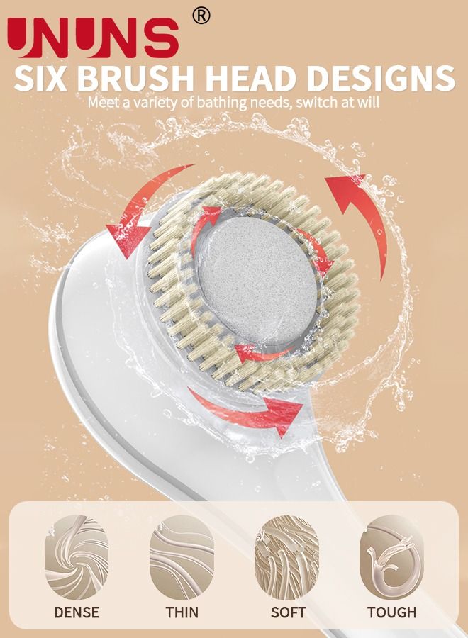 UNUNS مجموعة فرش استحمام كهربائية، فرشاة استحمام قابلة لإعادة الشحن للجسم بمقبض طويل، مجموعة فرش تنظيف الحمام مع 6 رؤوس فرشاة دوارة، أبيض - Image 4