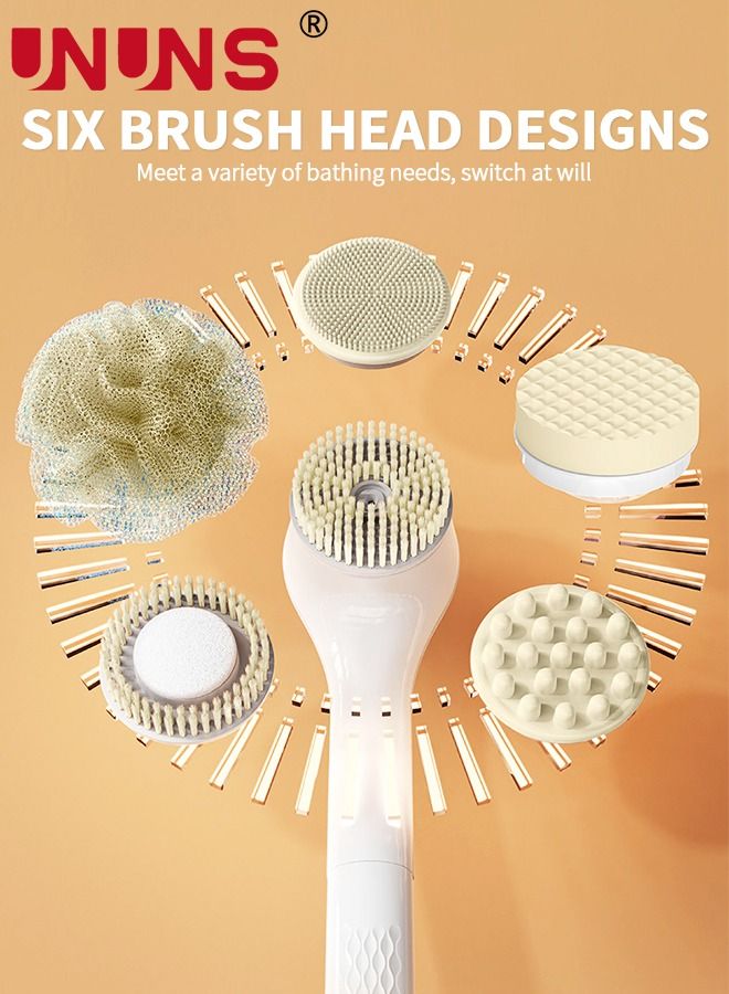 UNUNS مجموعة فرش استحمام كهربائية، فرشاة استحمام قابلة لإعادة الشحن للجسم بمقبض طويل، مجموعة فرش تنظيف الحمام مع 6 رؤوس فرشاة دوارة، أبيض - Image 3