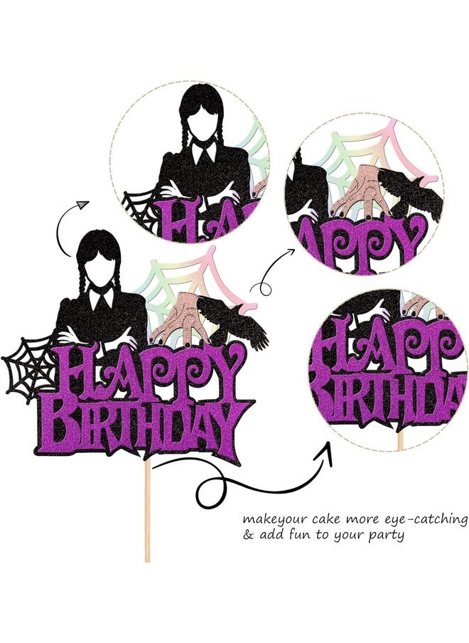 Confetti - 1PCS Wednesday Happy Birthday Cake Toppers - Glitter Spider Web Thing Hand Wednesday Cake Pick Cake Decoration for Fantasy Horror Wednesday Birthday Party Supplies - Image 1