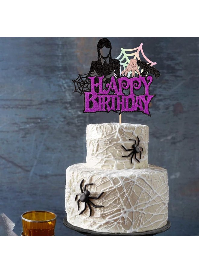 Confetti - 1PCS Wednesday Happy Birthday Cake Toppers - Glitter Spider Web Thing Hand Wednesday Cake Pick Cake Decoration for Fantasy Horror Wednesday Birthday Party Supplies - Image 1