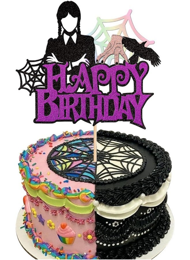 Confetti - 1PCS Wednesday Happy Birthday Cake Toppers - Glitter Spider Web Thing Hand Wednesday Cake Pick Cake Decoration for Fantasy Horror Wednesday Birthday Party Supplies - Image 1