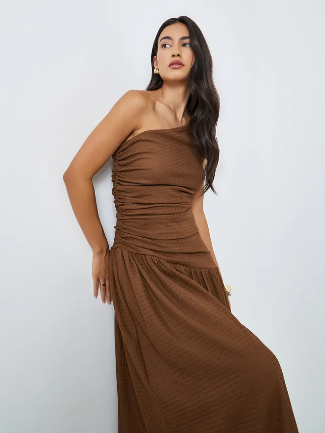 ستايلي Styli Brown Ruched One Shoulder A-Line Maxi Dress
