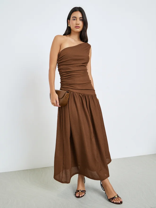 ستايلي Styli Brown Ruched One Shoulder A-Line Maxi Dress