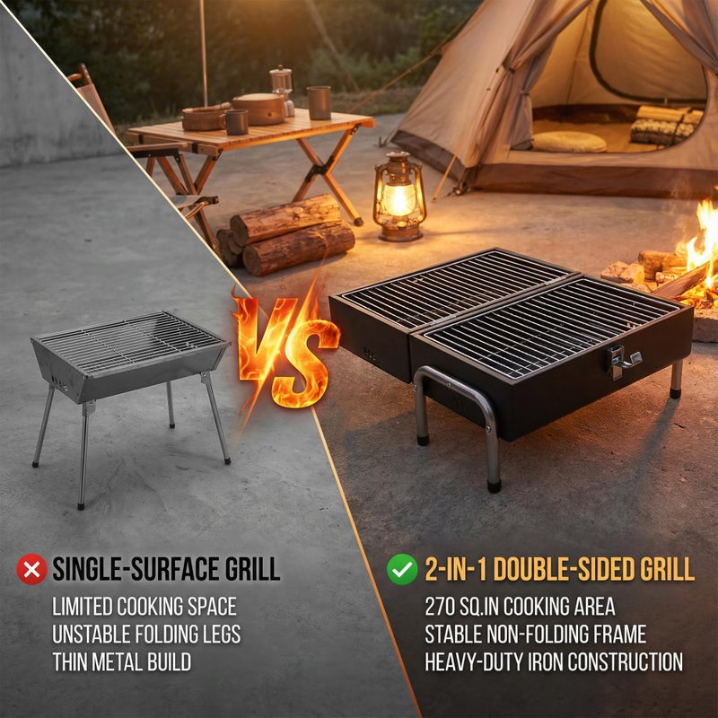 SUNLIFER Portable Charcoal Grill, Table Top Small BBQ Grill For Outdoor, Camping, Beach, Easy Assembly, Heavy Duty & Multi-Use Small Grill, Black (270 Sq.In) - Image 2