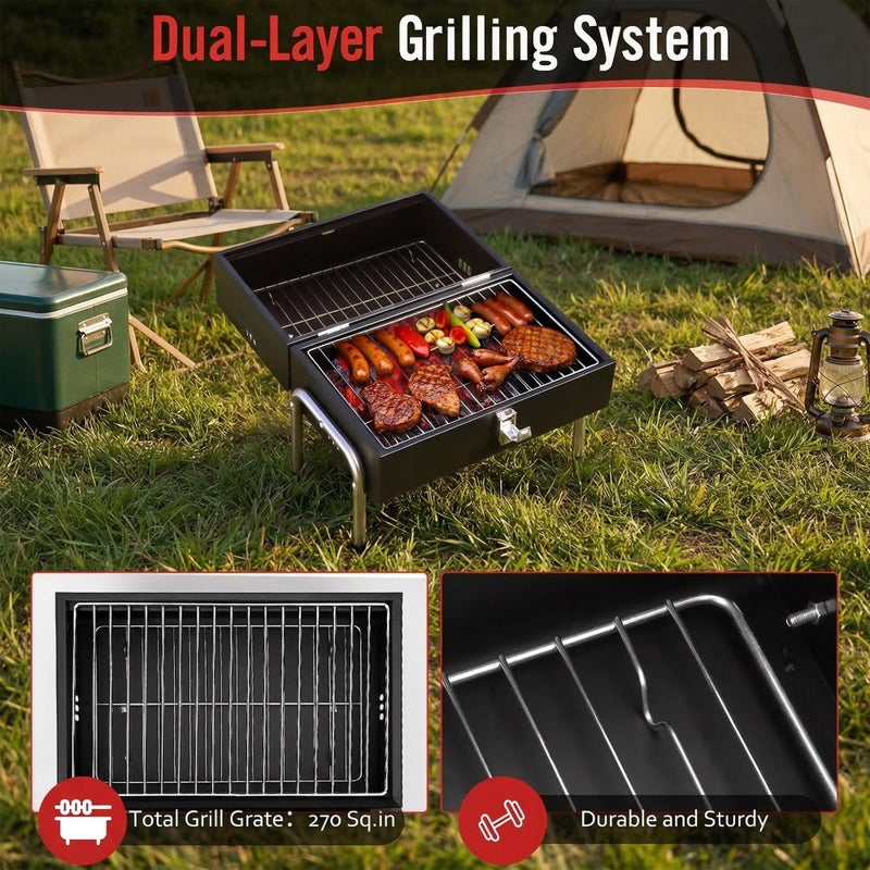 SUNLIFER Portable Charcoal Grill, Table Top Small BBQ Grill For Outdoor, Camping, Beach, Easy Assembly, Heavy Duty & Multi-Use Small Grill, Black (270 Sq.In) - Image 3