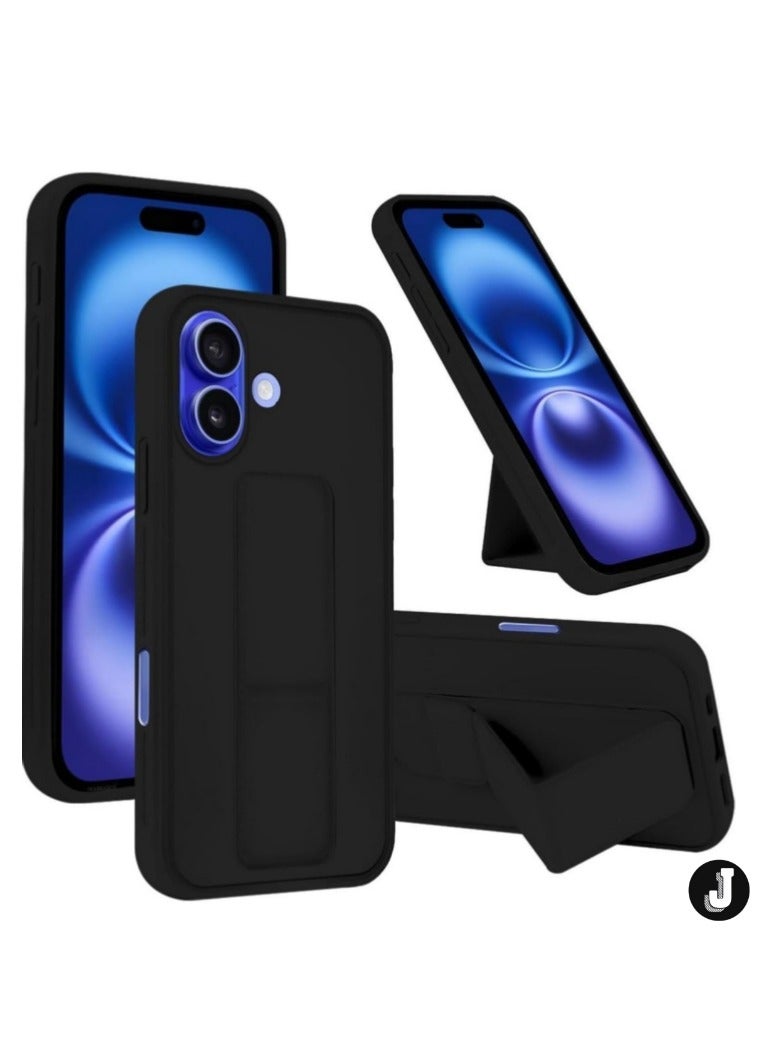 JAJEEK Black Magnetic Car Mount Case for iPhone 16 – Premium Silicone Kickstand with Hand Strap - Image 1