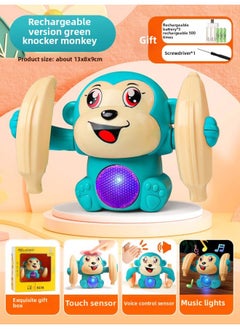 Children's Roll Monkey Electric Voice-Controlled Luminous Toy Somersault Little Monkey Baby Exercise Head-up Crawl-Color:Rechargeable Model [green-1 Song] Voice-controlled Turning Monkey