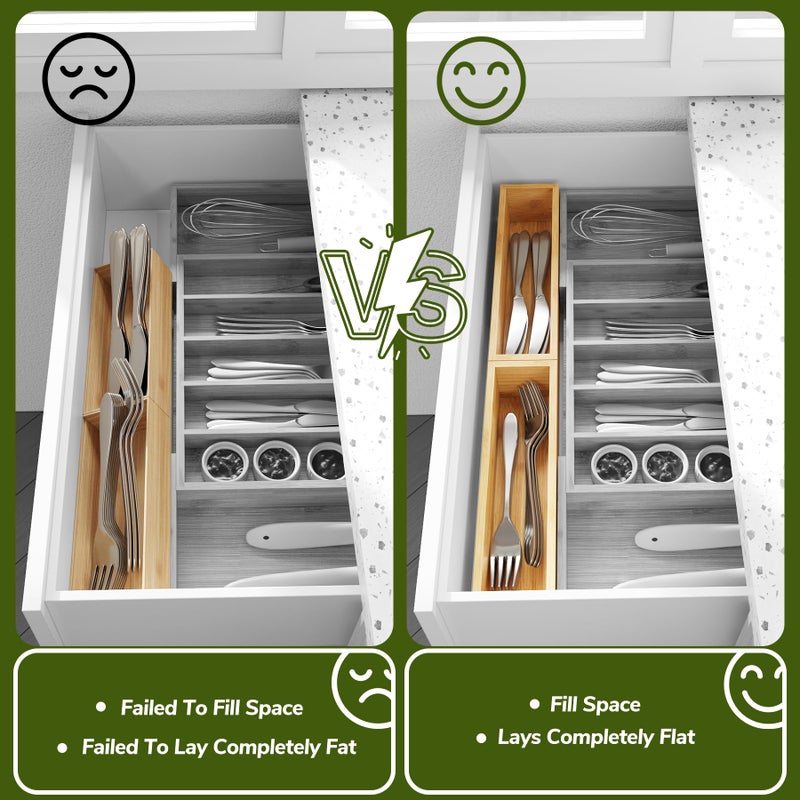 BAMEOS Kitchen Drawer Organizer,Small Silverware Drawer Organizer,Bamboo Utensil Organizer for Bathroom, Dressing Room, Office, Pantry (Natural, 11"x 3") Set of 2 - Image 5