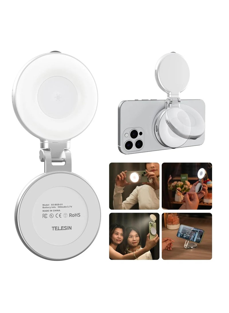 تيليسن TELESIN C03 حلقة إضاءة سيلفي مغناطيسية مع مرآة مكياج بإضاءة ناعمة، إضاءة LED قابلة للدوران 360°، 3 مستويات سطوع قابلة للتعديل، تثبيت مغناطيسي قوي وسريع، بطارية طويلة الأمد، حامل هاتف متعدد الاستخدامات – إضاءة دائرية محمولة قابلة للشحن للمكياج، التصوير، المكالمات المرئية والبث المباشر - Image 4