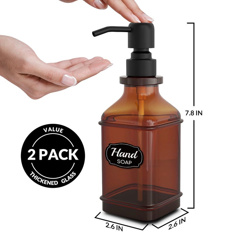 LMQML Soap Dispenser - 2 Pack, Antique Design Thick Amber Glass Hand Soap Dispensers with Sturdy Tray; 304 Rust Proof Stainless Steel Black Pump, 12Pcs Stickers, for Kitchen, Bathroom- Black - Image 3