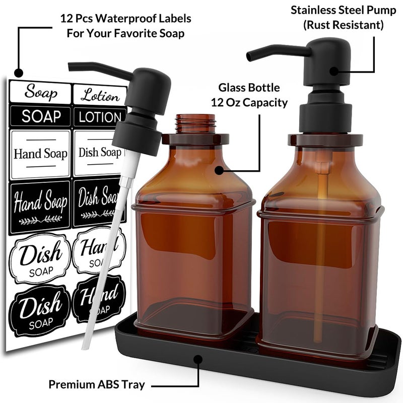 LMQML Soap Dispenser - 2 Pack, Antique Design Thick Amber Glass Hand Soap Dispensers with Sturdy Tray; 304 Rust Proof Stainless Steel Black Pump, 12Pcs Stickers, for Kitchen, Bathroom- Black - Image 2