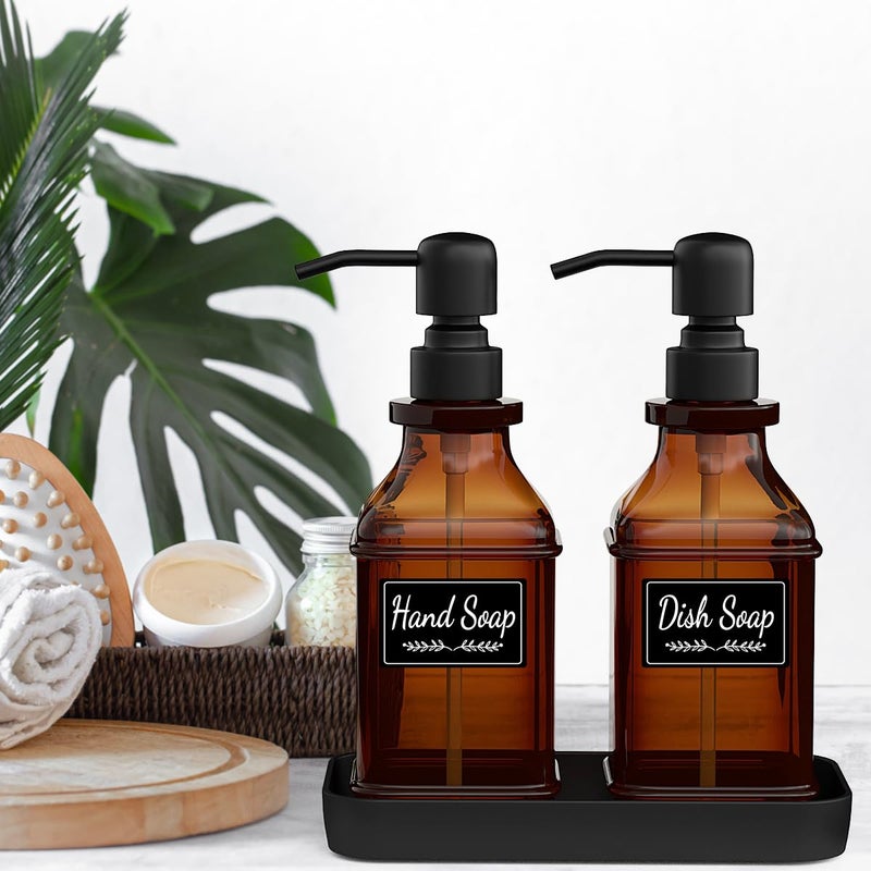 LMQML Soap Dispenser - 2 Pack, Antique Design Thick Amber Glass Hand Soap Dispensers with Sturdy Tray; 304 Rust Proof Stainless Steel Black Pump, 12Pcs Stickers, for Kitchen, Bathroom- Black - Image 5